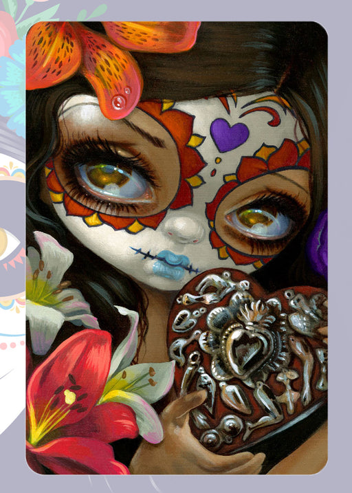 Painted sugar skull lady holding a heart, with flowers.