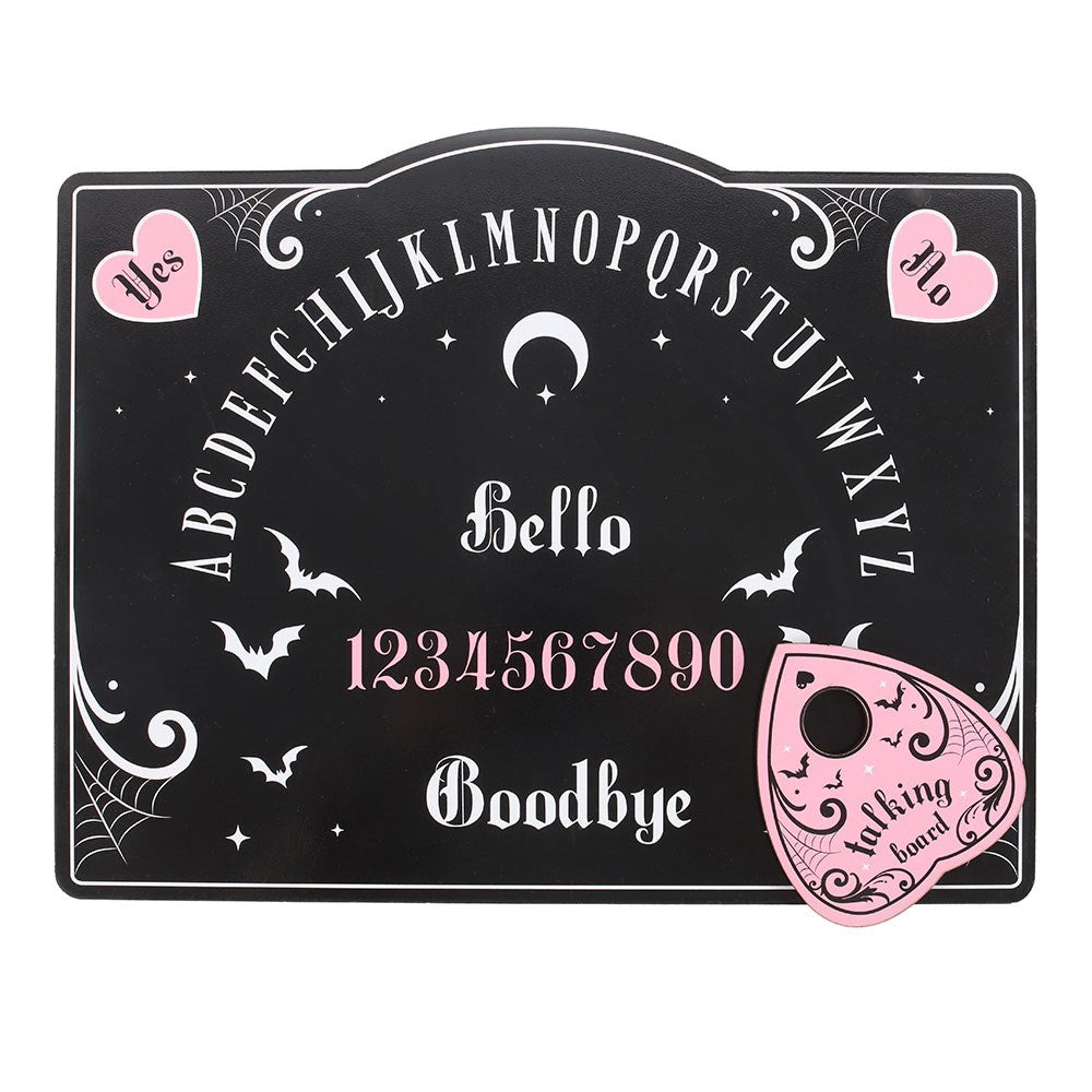 Ouija board with pink hearts, bats, and 'talking board' label on a white background