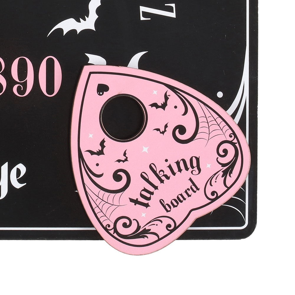 Talking board planchette, pink and black, with bats