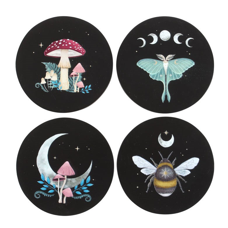 Set of four coasters, black background. 1 - mushrooms, 2 - luna moth with moon phases, 3 - crescent moon & mushrooms, 4 - bee and moon