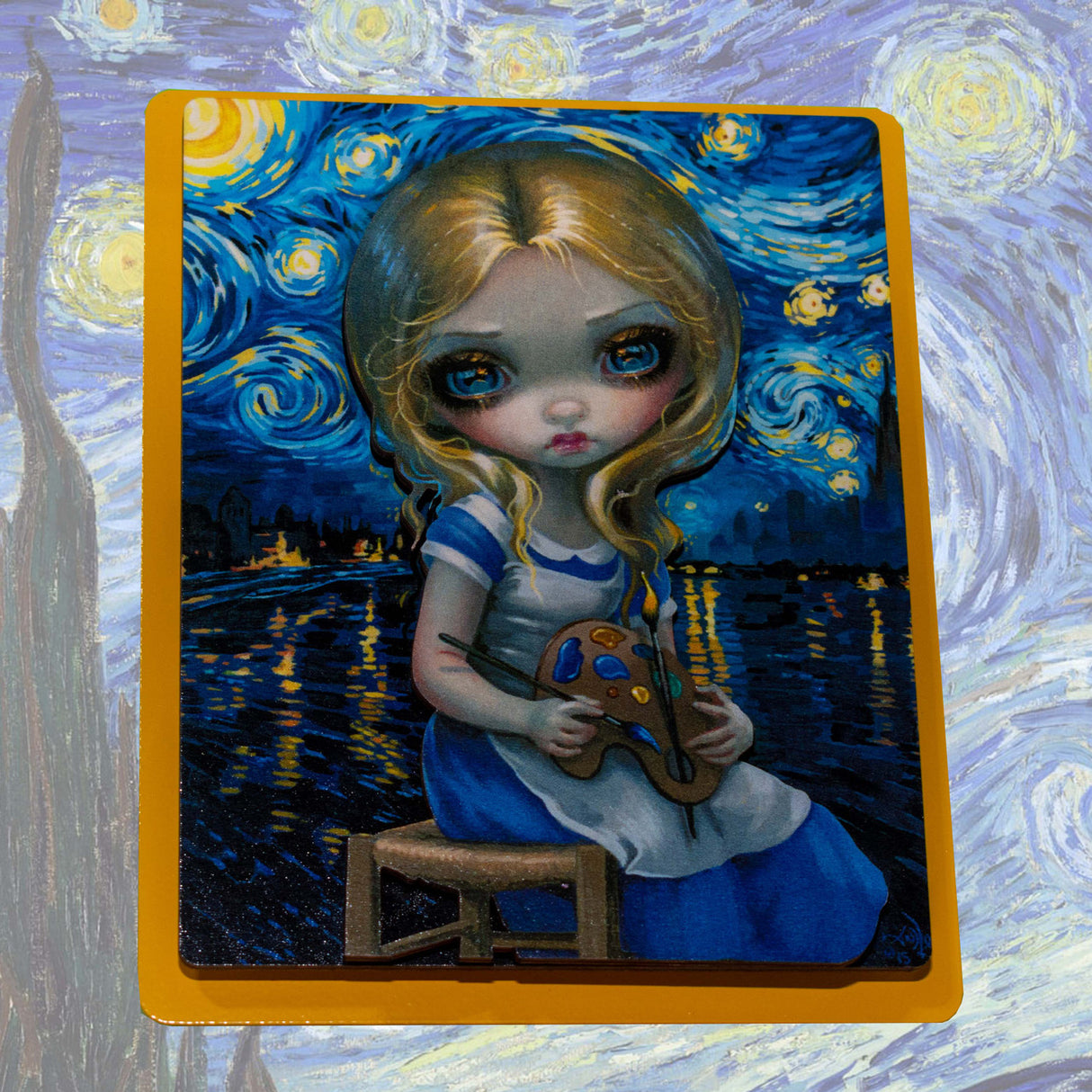 Art board of Alice in Wonderland holding paints in Van Gogh's Starry Night