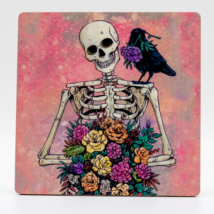 Skeleton with flowers and raven coaster