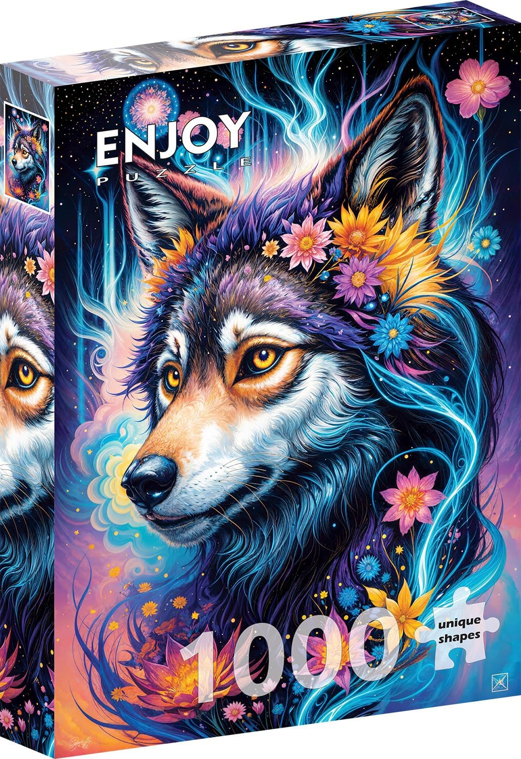 Enjoy Puzzle - 1000 Unique Shaped Pieces - image of a wolf head with flowers and blue lightning