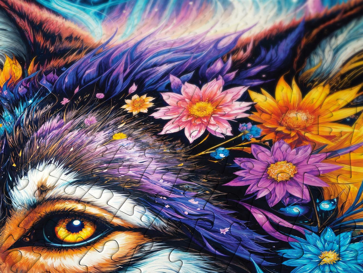 Closeup of colorful puzzle pieces with golden wolf eye and flowers