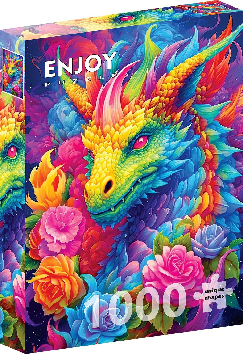 Enjoy Puzzle - 1000 Unique Shaped Pieces - image of a rainbow-scaled dragon surrounded by flower blossoms in all colors