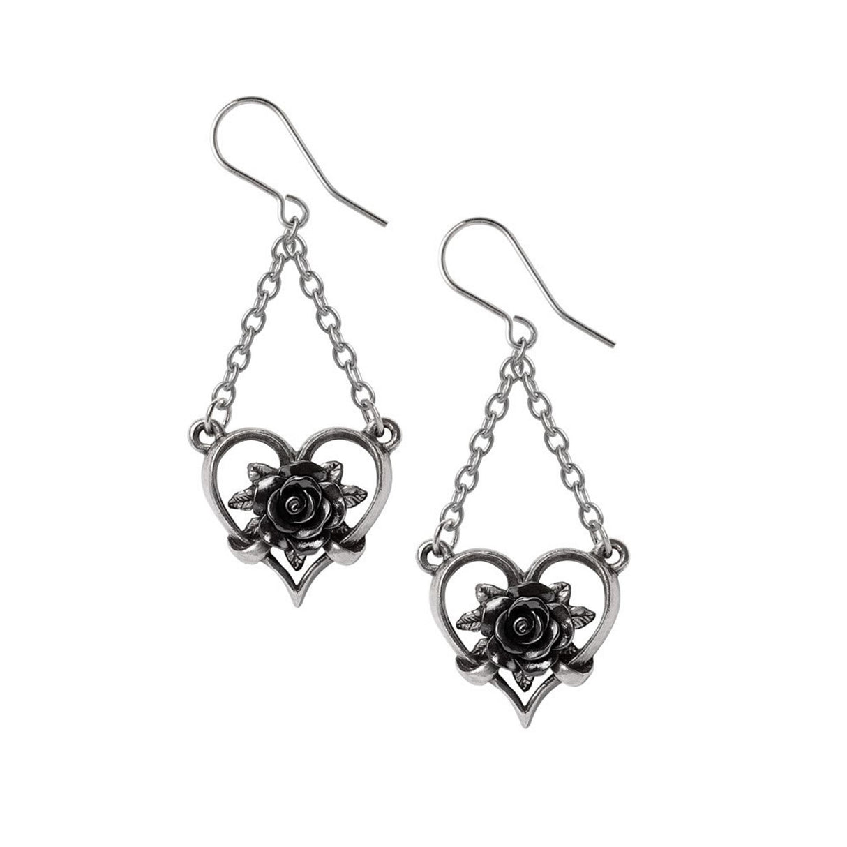 Pair of earrings with pewter hearts and black roses dangling from chains