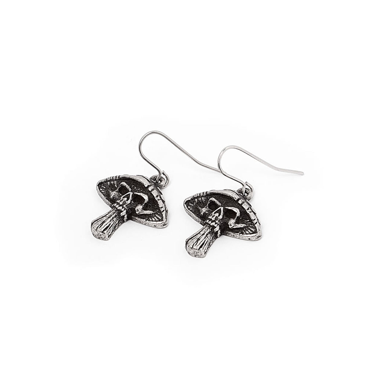 Pewter mushroom skull earrings on a white background