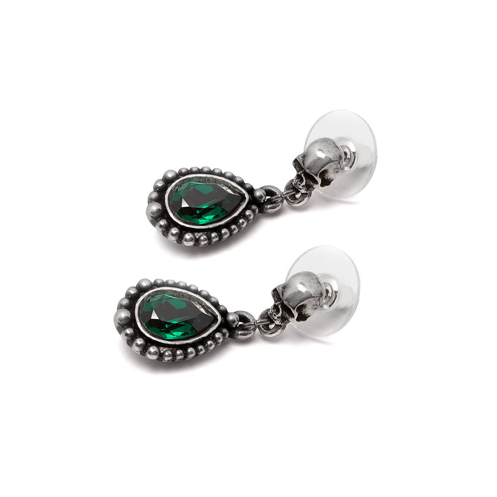 Earrings with skull posts and dangling green crystals