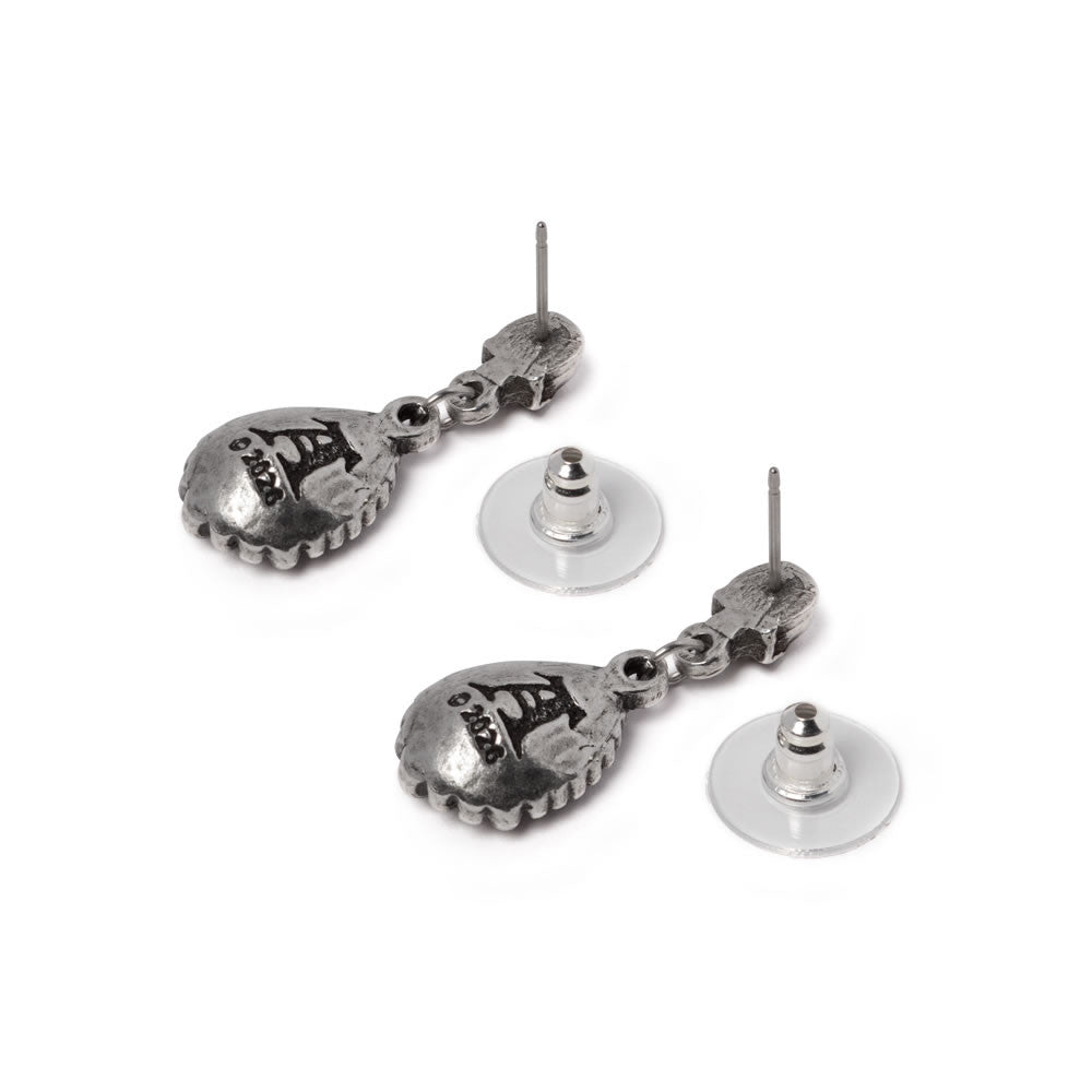 Earrings with skull posts and dangling green crystals, back shown