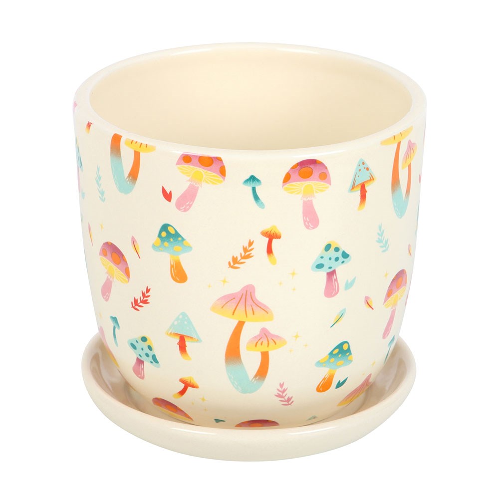 Plant pot with saucer. White base with colorful fungi and mushrooms pattern