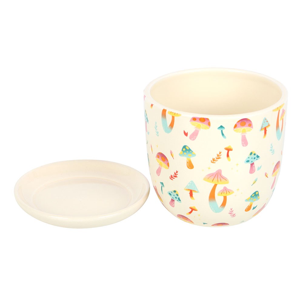 Plant pot with saucer. White base with colorful fungi and mushrooms pattern