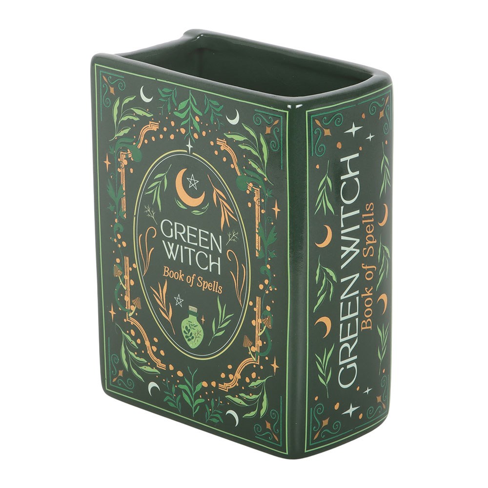 Ceramic vase shaped like a book with Green Witch - Book of Spells and floral accents