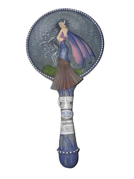 Hand mirror featuring a fairy with pink and purple wings on the back