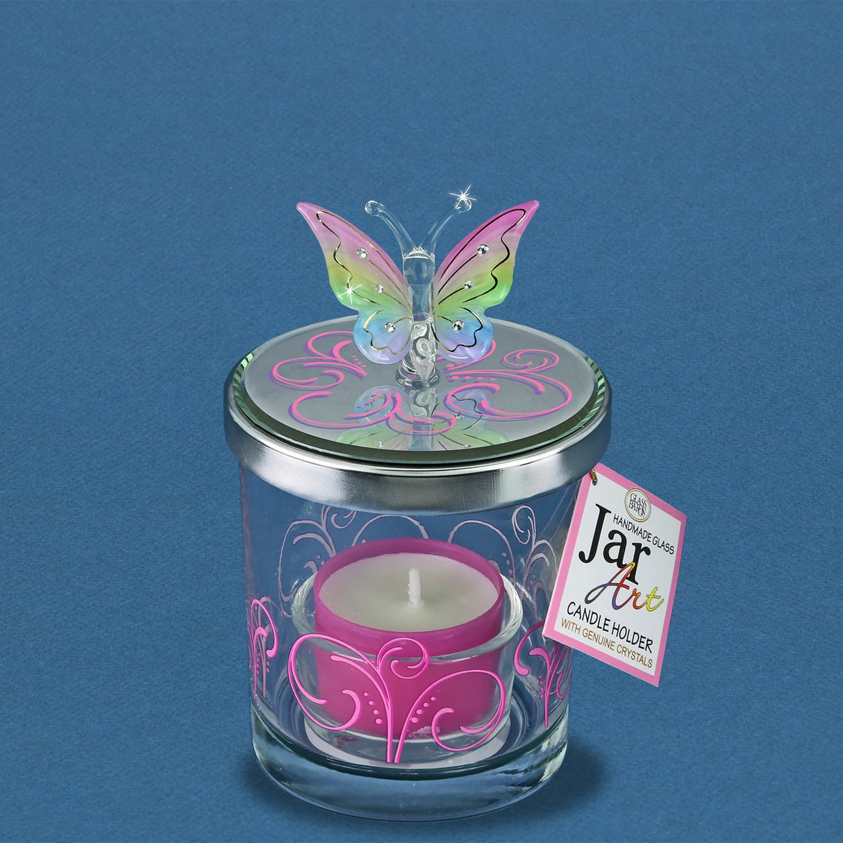 Jar candle holder with pink tealight, on lid is glass rainbow butterfly