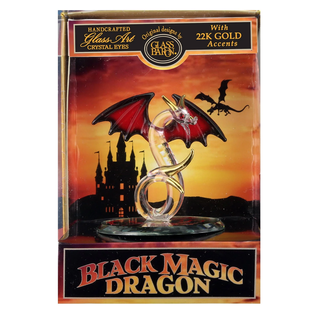 Packaged glass art sculpture of a dragon with 22K gold accents on a scenic background.