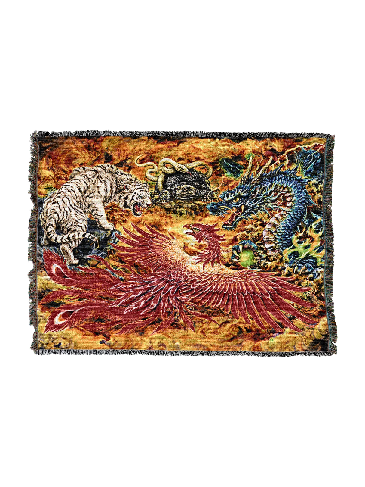 Woven blanket with a dragon, phoenix, turtle, snake and tiger design