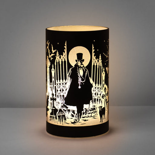 Lantern led light of skeletal vampire and black cat in a graveyard etched into black glass