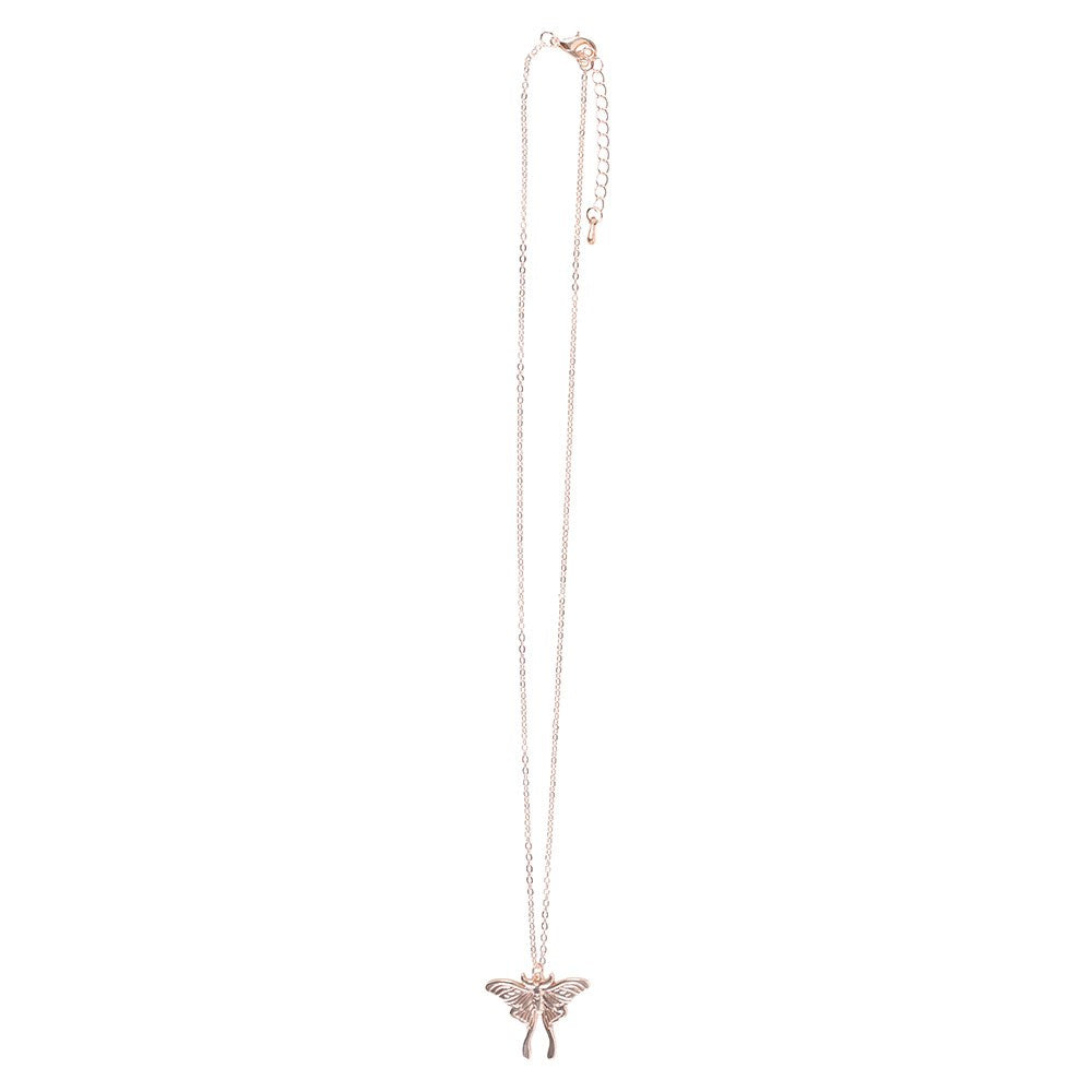 Metal luna moth necklace in a pale bronze-gold color