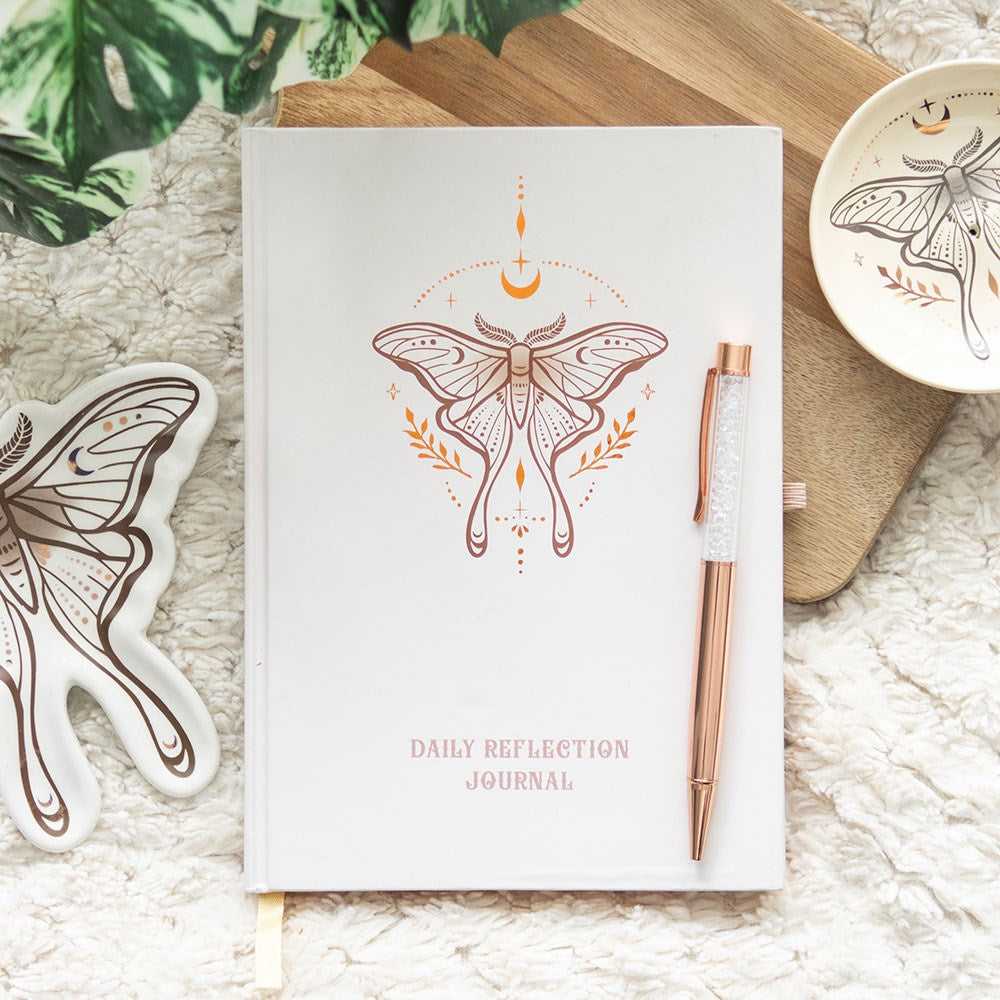 Daily Reflection Journal with a luna moth on the cover, comes with quartz pen