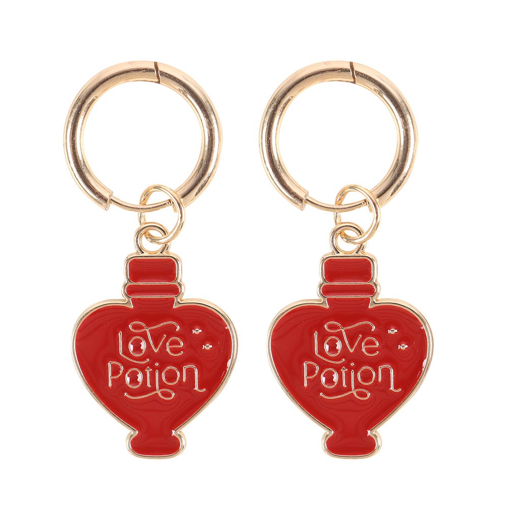 Earrings with red enamel Love Potion heart shaped bottles, gold hoops