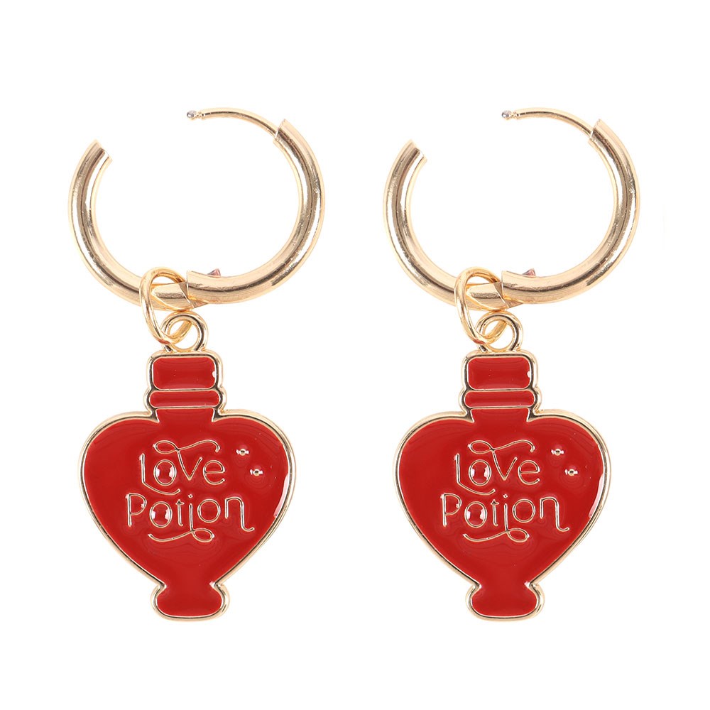Earrings with red enamel Love Potion heart shaped bottles, gold hoops shown open