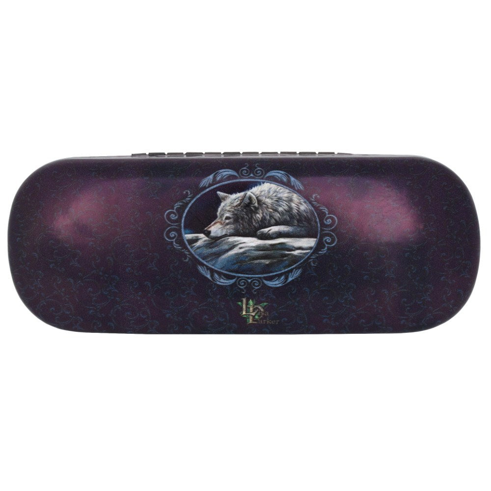 Back of eyeglass case showing wolf