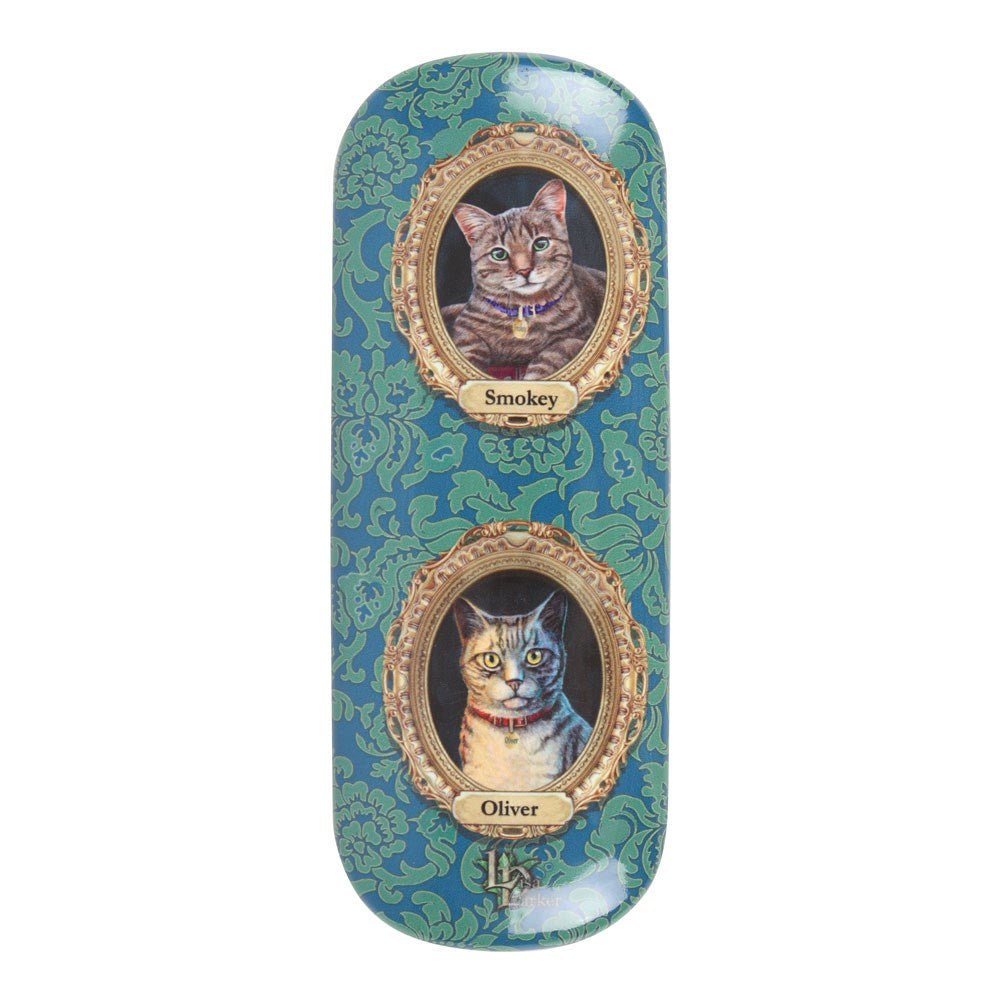 Back of glasses case with Smokey and Oliver tabby cat portraits
