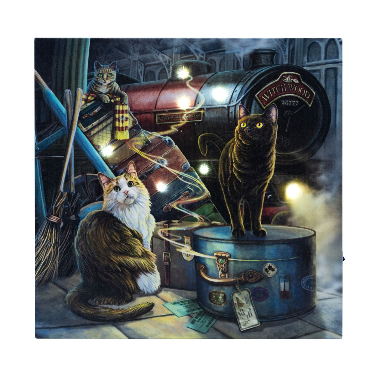 Square canvas print by Lisa Parker, three cats sitting on/near luggage on a train platform in front of train engine in red and black with "WitchWood" plaque on the front