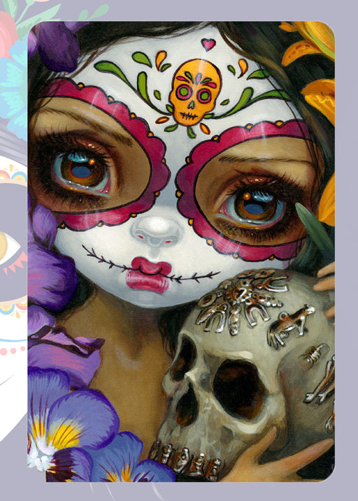 Sugar skull magnet with lady holding a skull with purple flowers