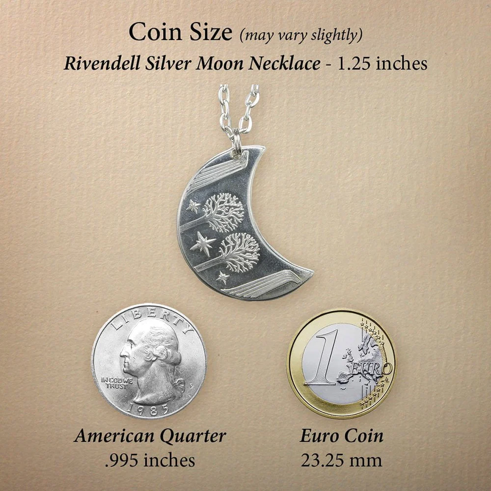 Moon Coin Necklace size comparison with US quarter & Euro