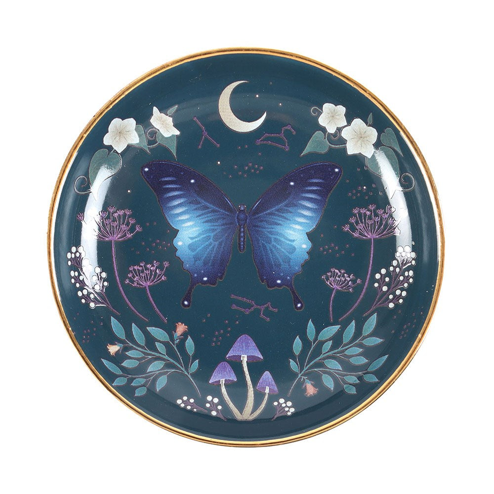 Round trinket dish, teal background with gold edging, designs of crescent moon, flowers, blue moth, mushrooms