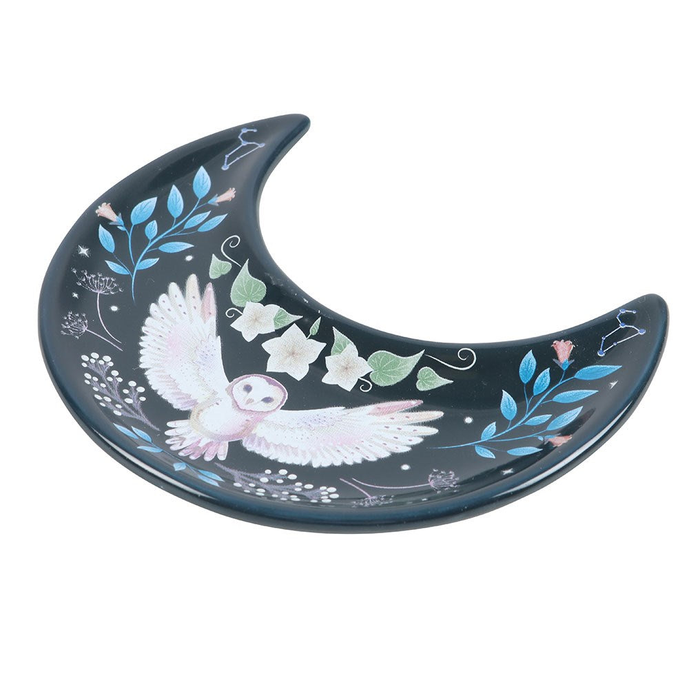 Trinket dish, blue ceramic with owl and flowers in crescent moon shape