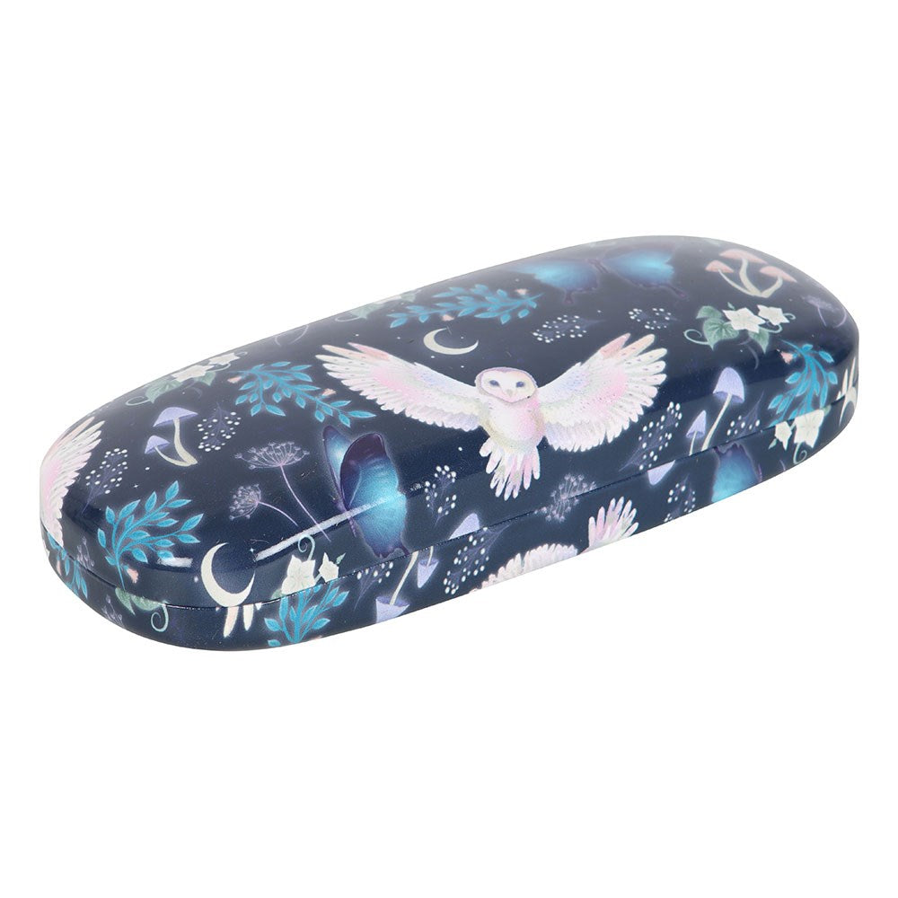 Glasses case, blue with flowers, mushrooms, owl, moths, moon
