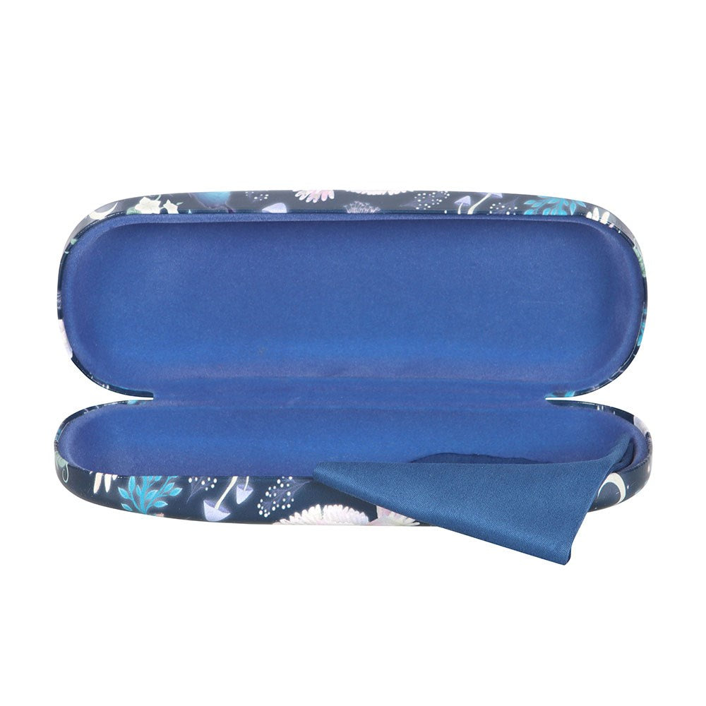 Inside of glasses case, blue with cleaning cloth