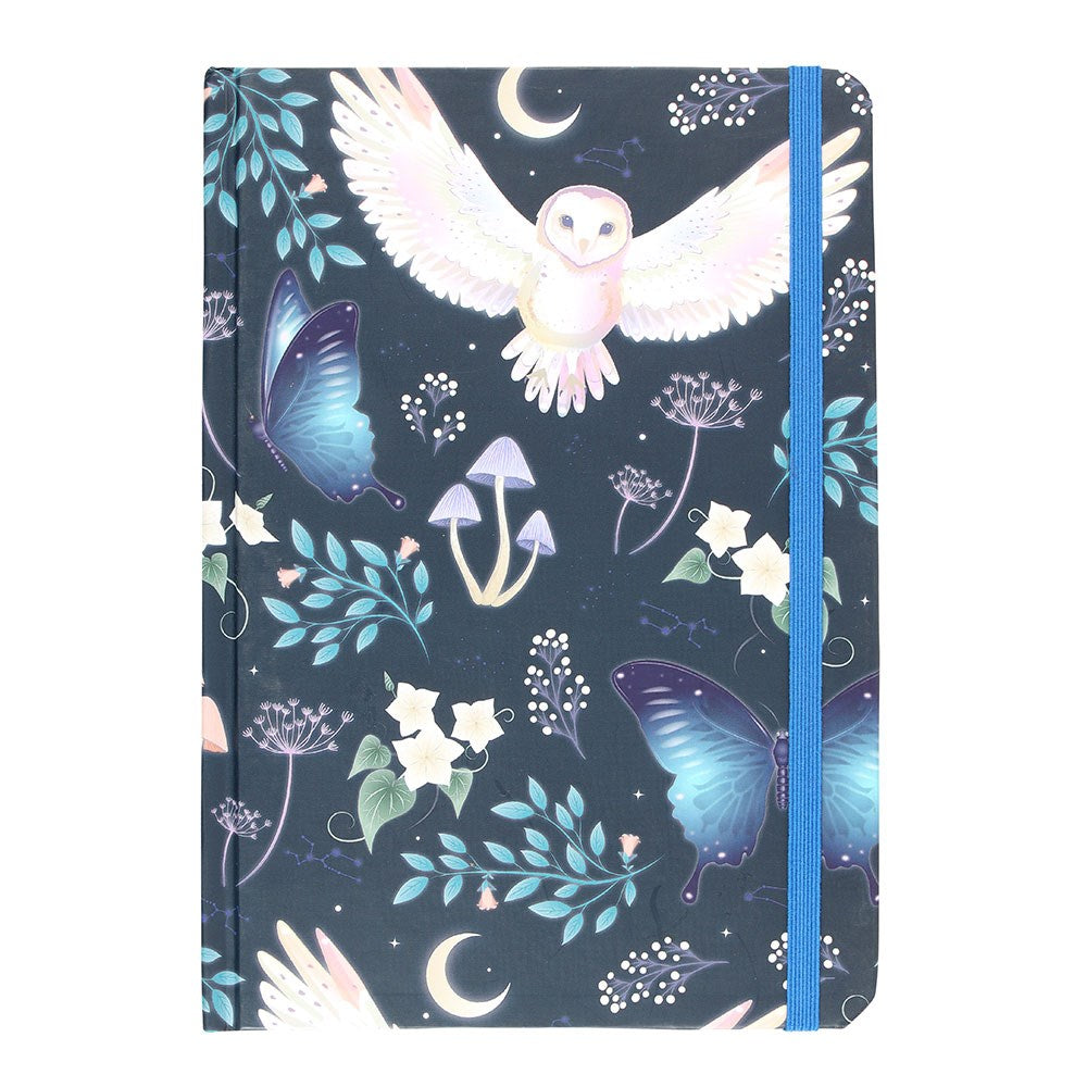 Journal with design of owl, moths, mushrooms, plants, moon on blue, with blue elastic to hold closed