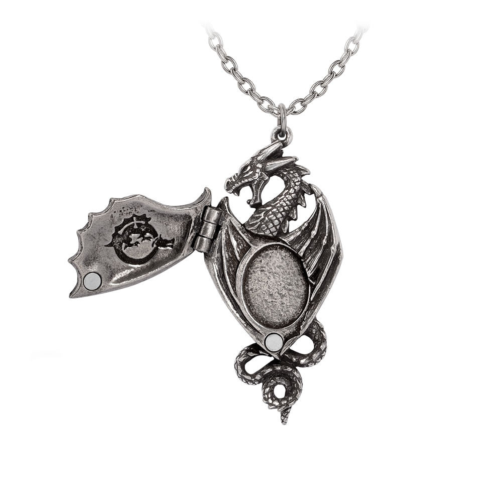 Pewter dragon necklace, locket shown open
