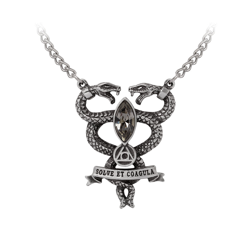 Necklace with two snakes, "Solve et Coagula" and crystal