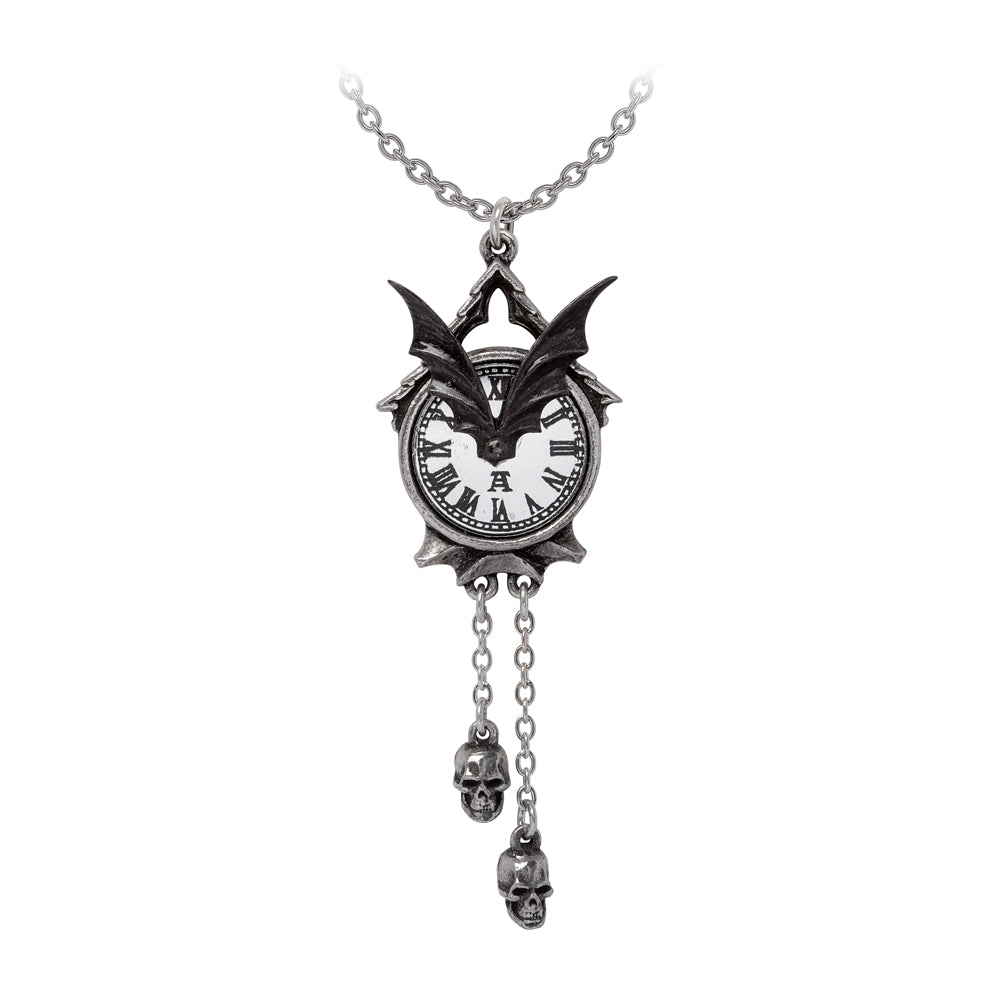 Pendant Necklace featuring a clock face with a bat and dangling skull charms