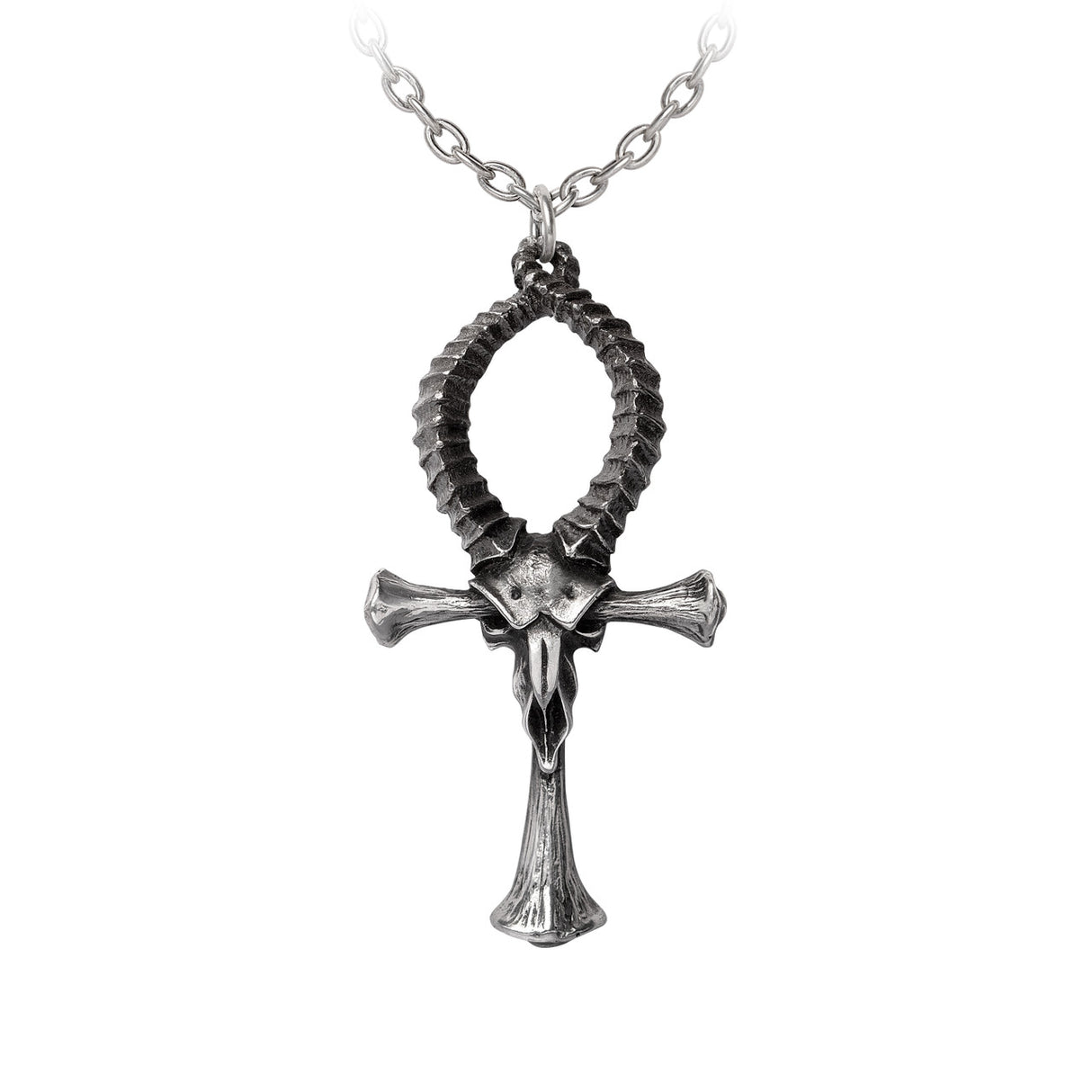 Pendant necklace with a ram skull ankh cross in pewter