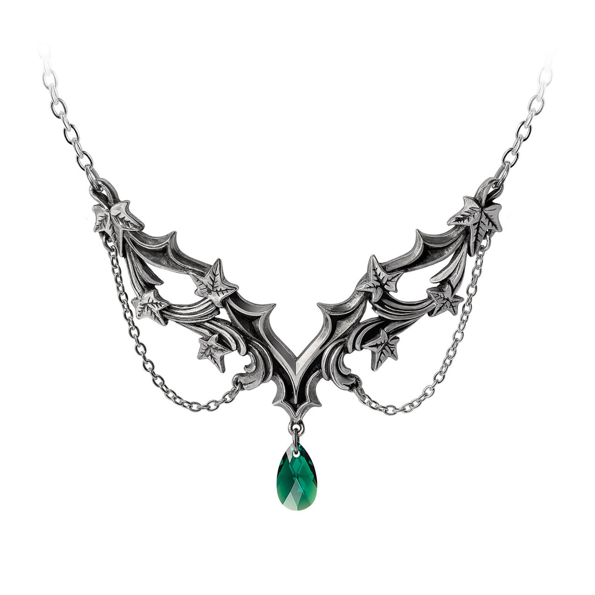Pendant necklace with art nouveau ivy design and emerald green Austrian crystal drop