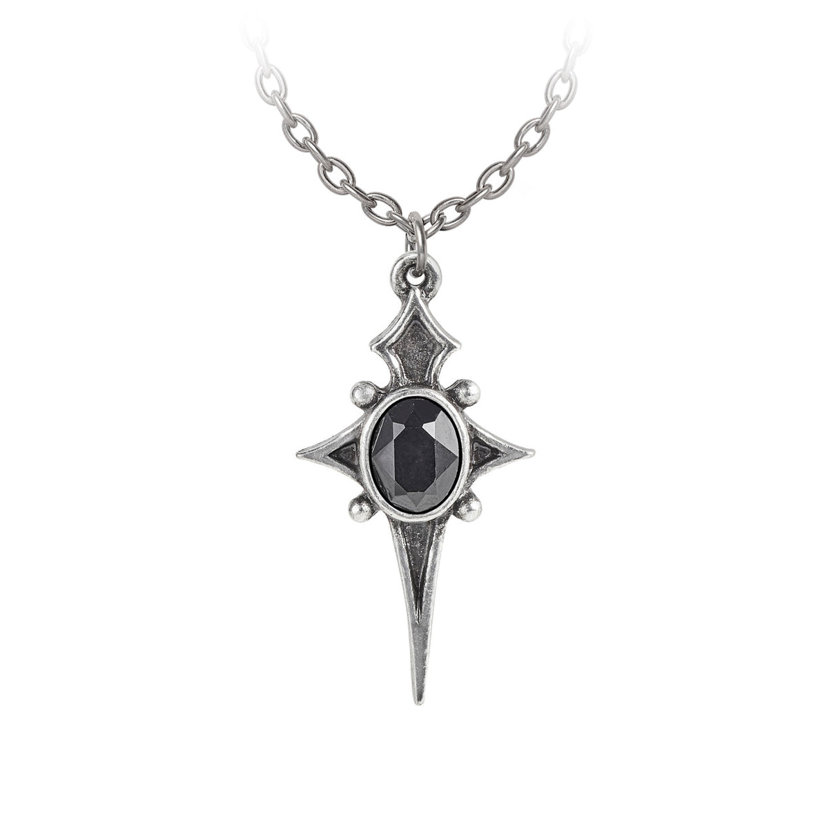 Pendant necklace with pewter cross framing black Austrian crystal gem
