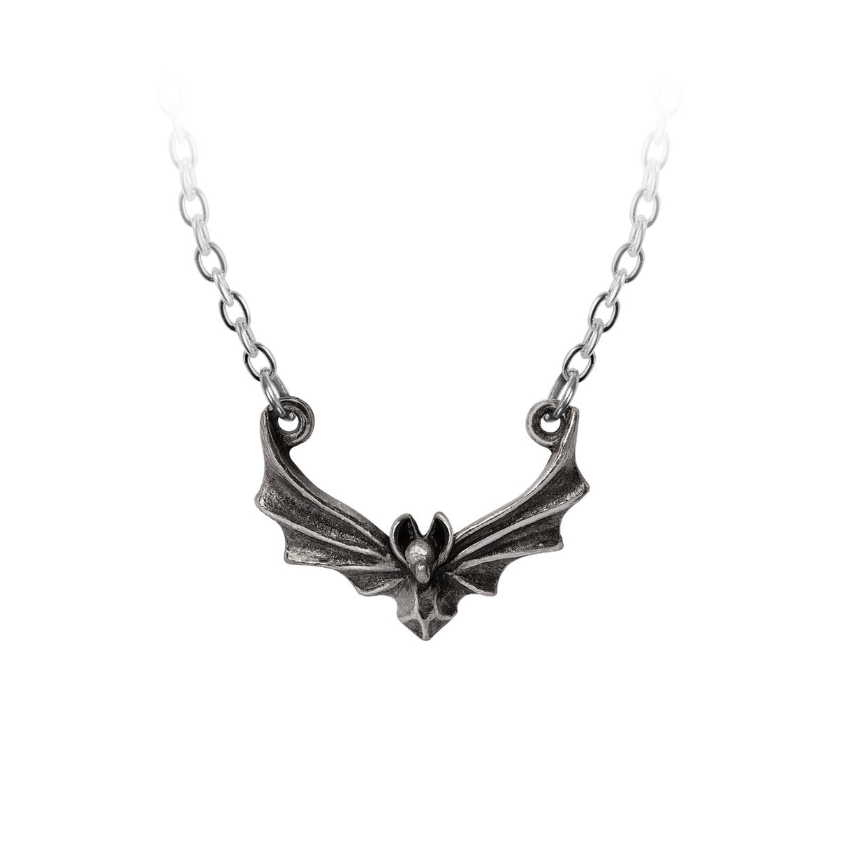Necklace with stylized pewter flying bat pendant