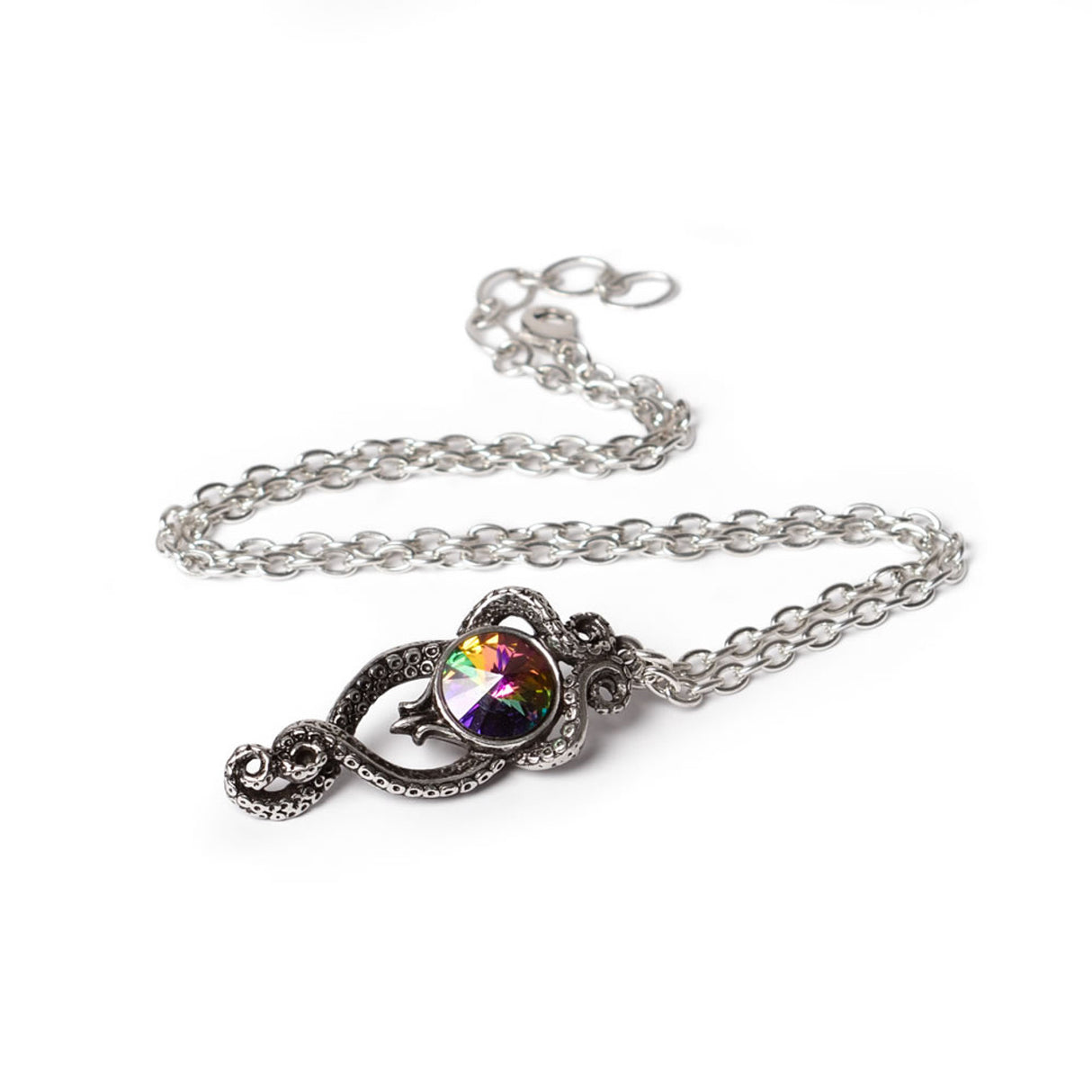 Pendant necklace with rainbow Austrian crystal and pewter tentacles wrapped around