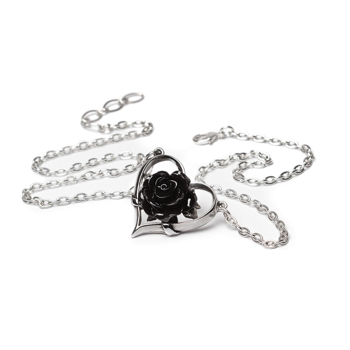 Pewter heart pendant with black rose on a chain