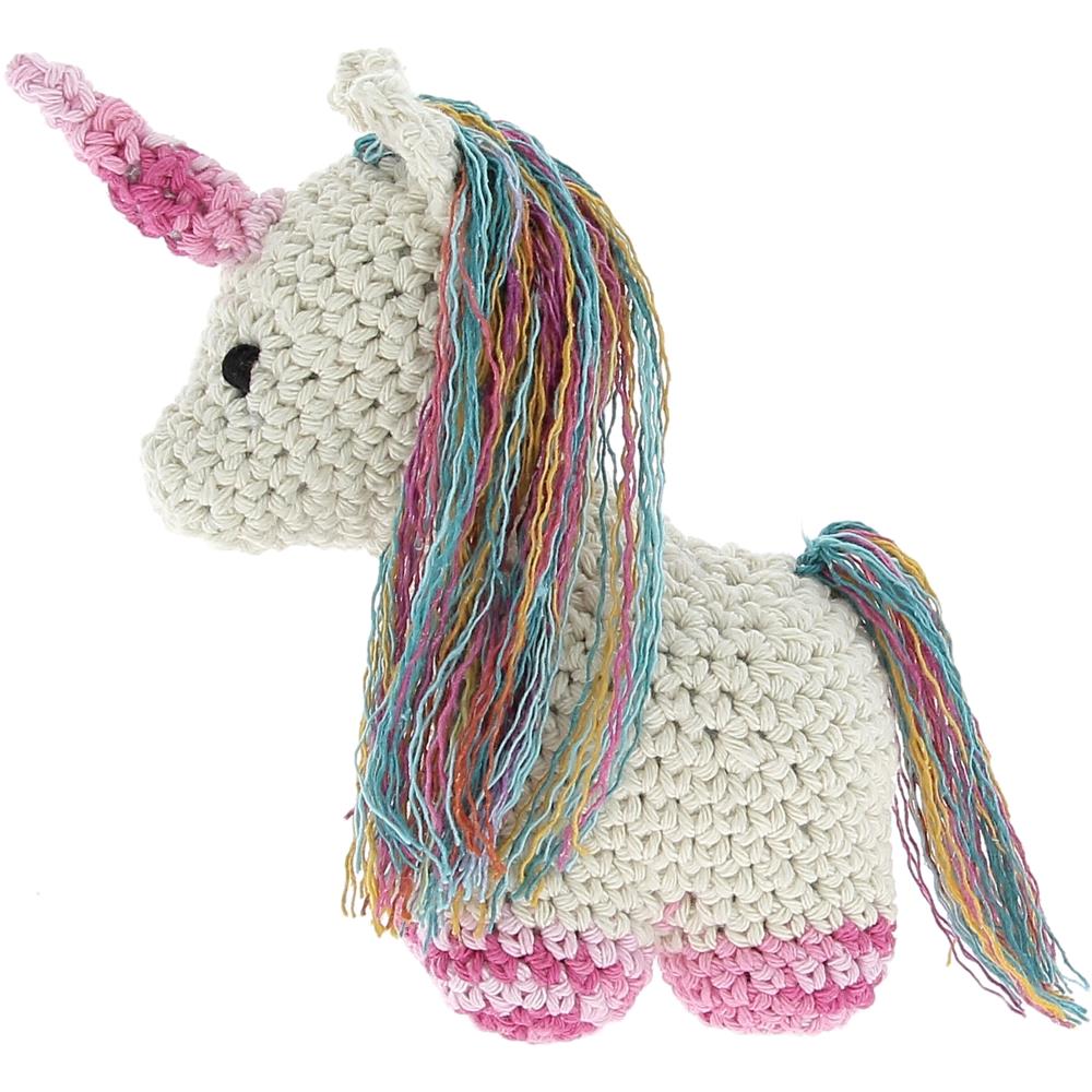 Crochet unicorn amigurumi - finished project, white with pink and rainbow accents