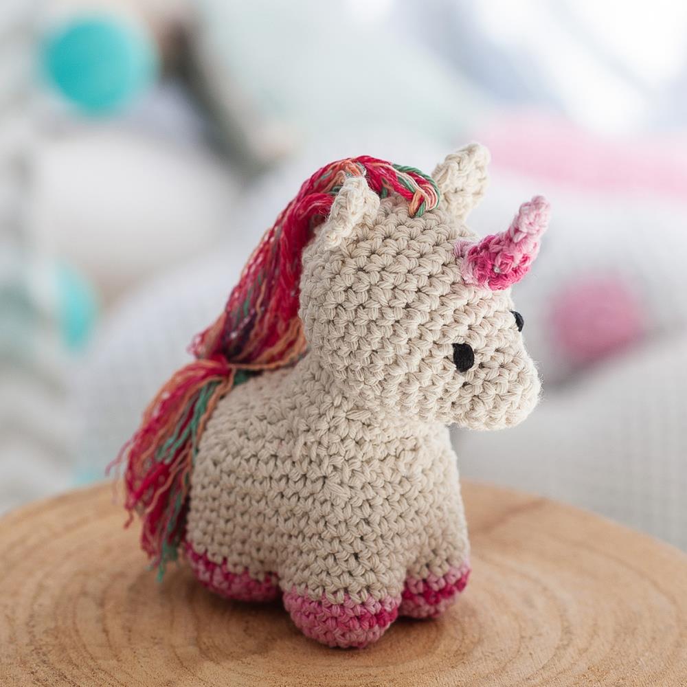 Crochet unicorn amigurumi - finished project, white with pink and rainbow accents