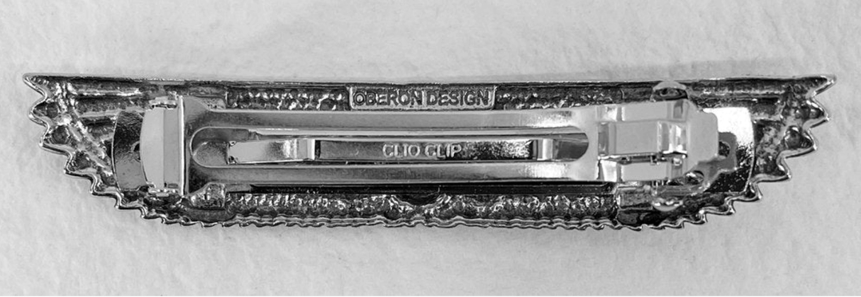 Back of pewter scarab barrette showing clip