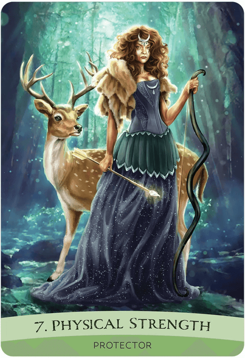Card example - 7. Physical Strength - Protector - showing an archer woman in the woods with antlered deer