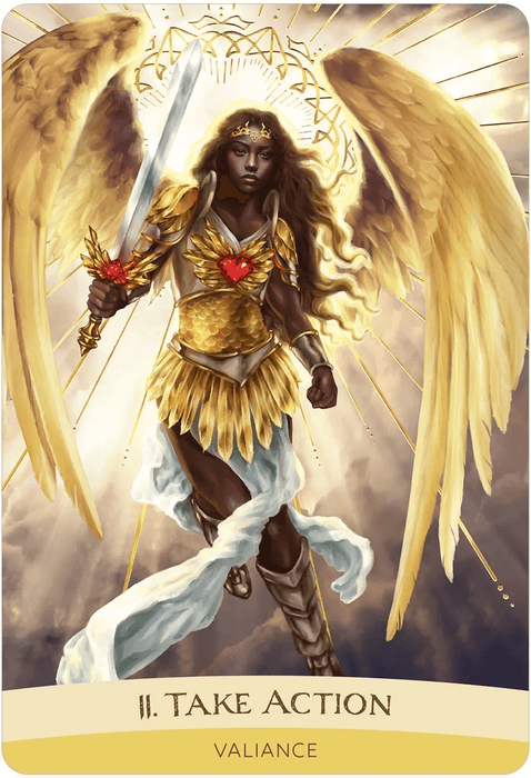 Card example - 11. Take Action - Valiance - showing a dark skinned angel in gold armor