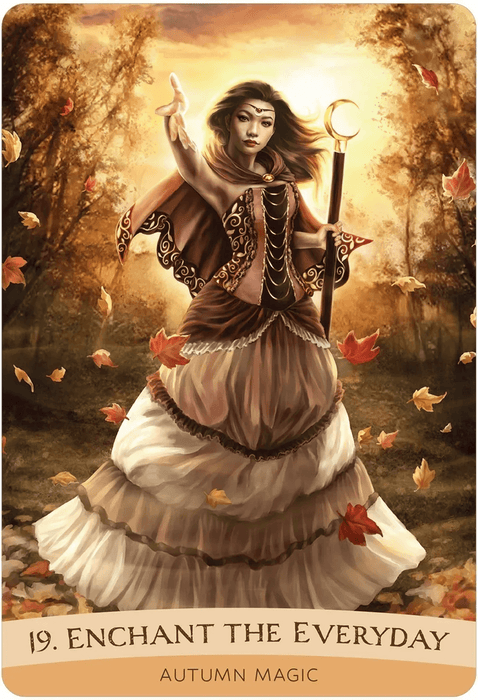 Card example 19. Enchant the Everyday - Autumn Magic showing a sorceress and falling leaves